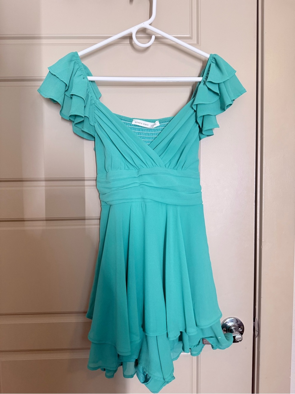Altar'd State Aqua Ruffle-Sleeve Romper with Wrap Bodice